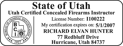 Certified Concealed Firearms Instructor- Utah<br>FIREINST-UT
